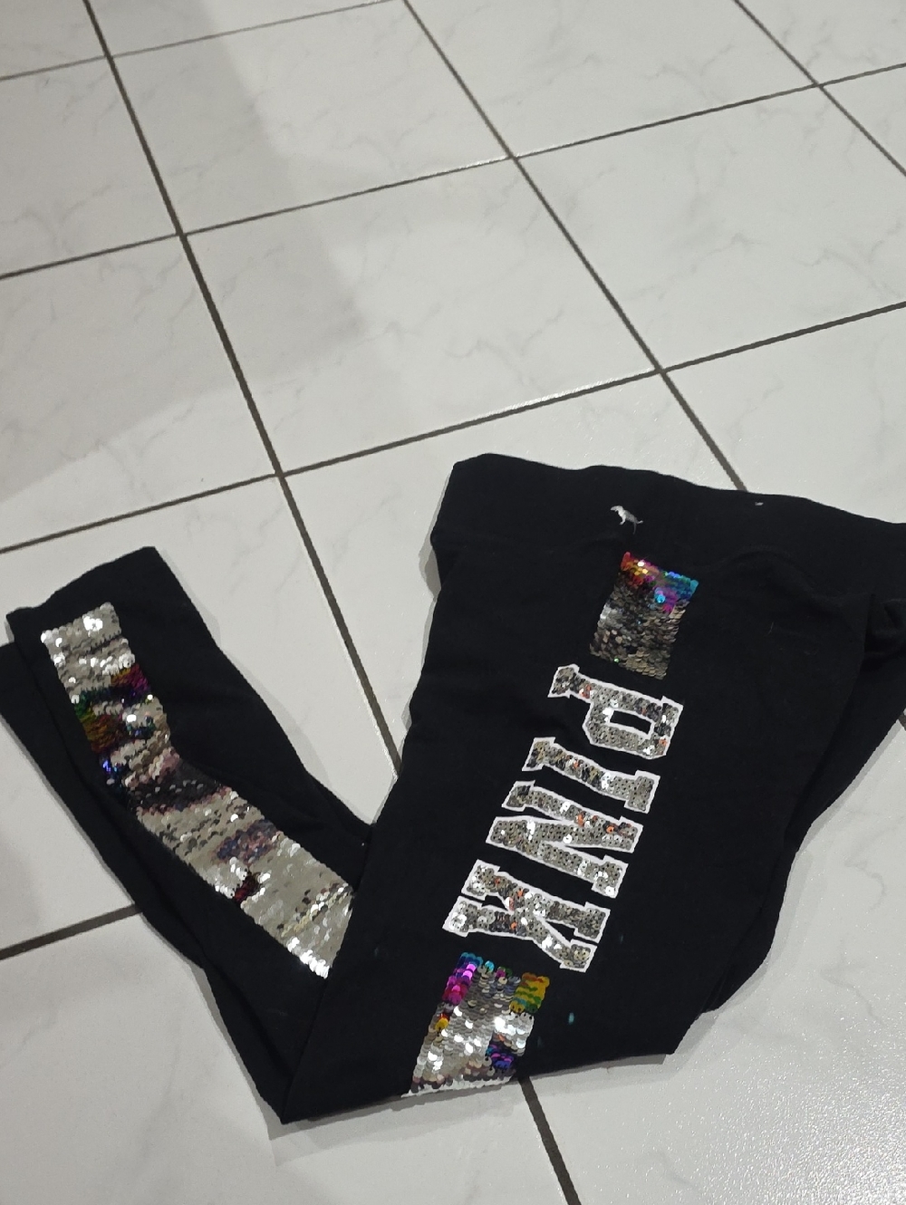 PINK Victoria's Secret Black Leggings with Silver and Multicolor Sequin Accents